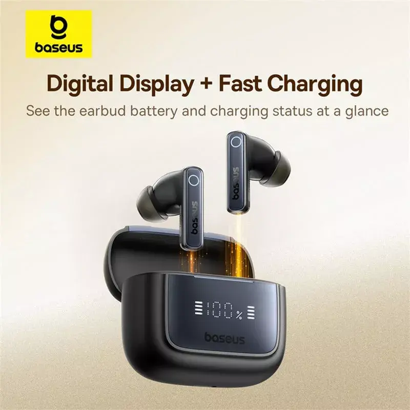 True Wireless in-ear headset Baseus 35 True — Bluetooth 5.3, ANC, 8 h atskaņošanas (ANC izslēgts), 65 h ar ietveru, 800 mAh ietvere, USB-C, melna