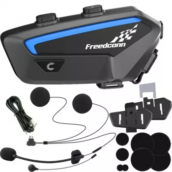 Motociklu sakaru austiņas FreedConn FX melnā krāsā — Bluetooth 5.0, IP67, diapazons 2000 m, 30 h sarunu laiks