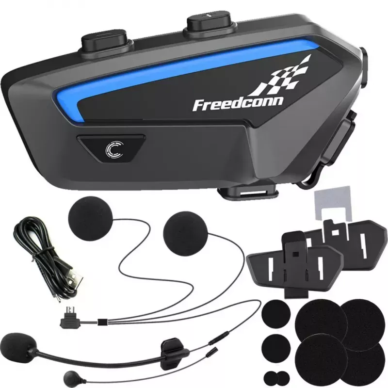 Motociklu sakaru austiņas FreedConn FX melnā krāsā — Bluetooth 5.0, IP67, diapazons 2000 m, 30 h sarunu laiks