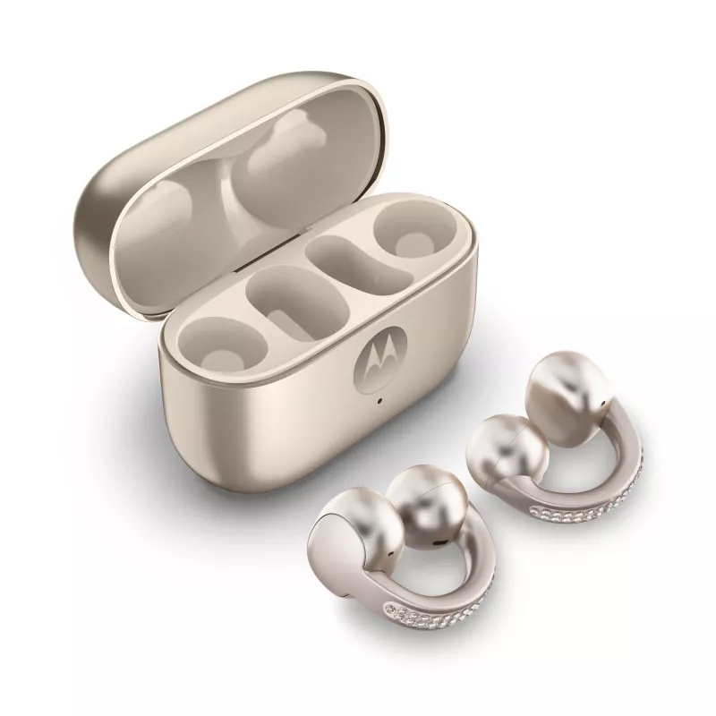 Austiņas Motorola Moto Buds Loop Bluetooth auss skava binaurālās, Dolby Atmos, Bluetooth 5.0, ANC, 8 h atskaņošana, uzlādes futrālis 520 mAh, bēšs