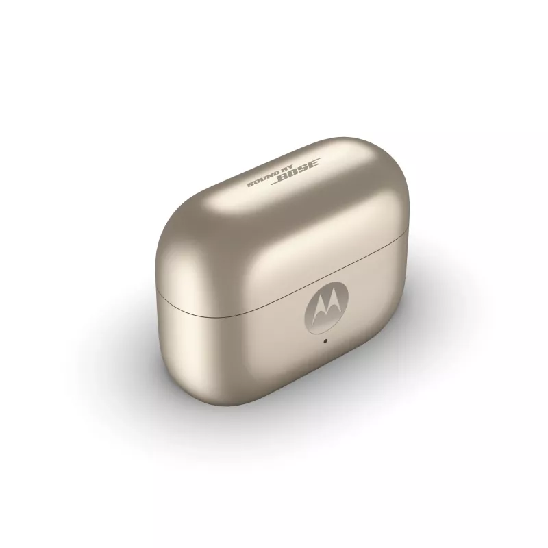 Austiņas Motorola Moto Buds Loop Bluetooth auss skava binaurālās, Dolby Atmos, Bluetooth 5.0, ANC, 8 h atskaņošana, uzlādes futrālis 520 mAh, bēšs