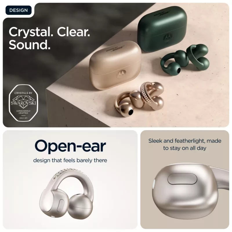 Austiņas Motorola Moto Buds Loop Bluetooth auss skava binaurālās, Dolby Atmos, Bluetooth 5.0, ANC, 8 h atskaņošana, uzlādes futrālis 520 mAh, bēšs