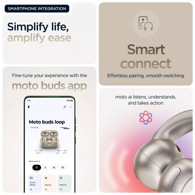 Austiņas Motorola Moto Buds Loop Bluetooth auss skava binaurālās, Dolby Atmos, Bluetooth 5.0, ANC, 8 h atskaņošana, uzlādes futrālis 520 mAh, bēšs