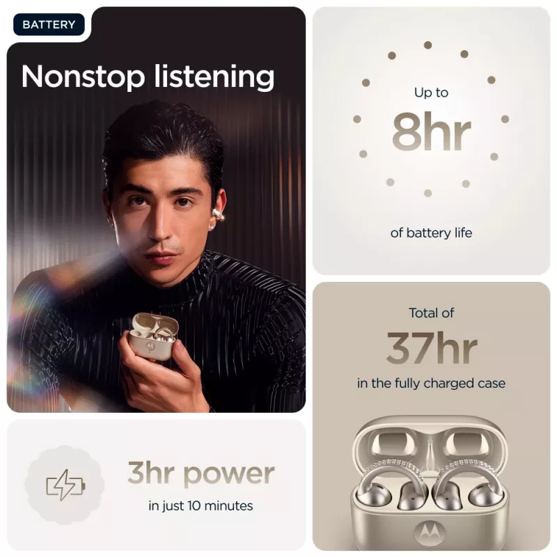 Austiņas Motorola Moto Buds Loop Bluetooth auss skava binaurālās, Dolby Atmos, Bluetooth 5.0, ANC, 8 h atskaņošana, uzlādes futrālis 520 mAh, bēšs