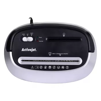Papīra smalcinātājs ActiveJet ASH-1201D, strēmelēs griezts 5 x 38 mm, 22 cm ievade, 12 lapu ietilpība, 25 L grozs, P-3, melns