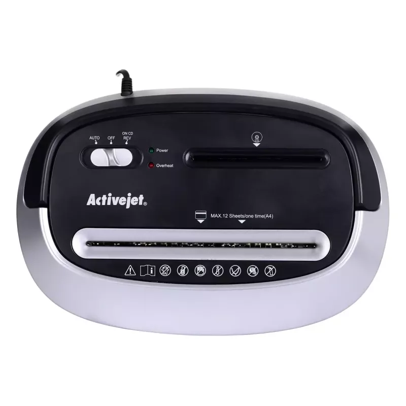 Papīra smalcinātājs ActiveJet ASH-1201D, strēmelēs griezts 5 x 38 mm, 22 cm ievade, 12 lapu ietilpība, 25 L grozs, P-3, melns
