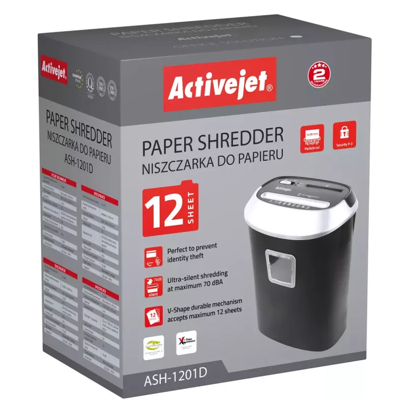 Papīra smalcinātājs ActiveJet ASH-1201D, strēmelēs griezts 5 x 38 mm, 22 cm ievade, 12 lapu ietilpība, 25 L grozs, P-3, melns