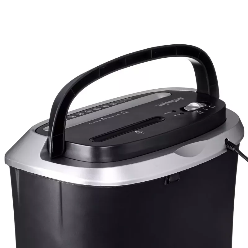 Papīra smalcinātājs ActiveJet ASH-1201D, strēmelēs griezts 5 x 38 mm, 22 cm ievade, 12 lapu ietilpība, 25 L grozs, P-3, melns