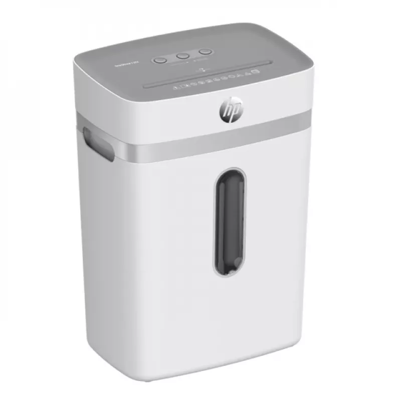 Papīra smalcinātājs HP OneShred 12CC daļiņu griezums P-4 12 lapu ietilpība 22 cm platums 23 L grozs 4×35 mm 65 dB Balts
