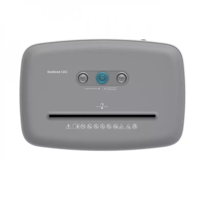 Papīra smalcinātājs HP OneShred 12CC daļiņu griezums P-4 12 lapu ietilpība 22 cm platums 23 L grozs 4×35 mm 65 dB Balts