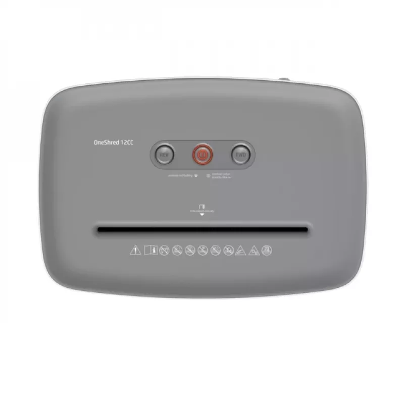 Papīra smalcinātājs HP OneShred 12CC daļiņu griezums P-4 12 lapu ietilpība 22 cm platums 23 L grozs 4×35 mm 65 dB Balts
