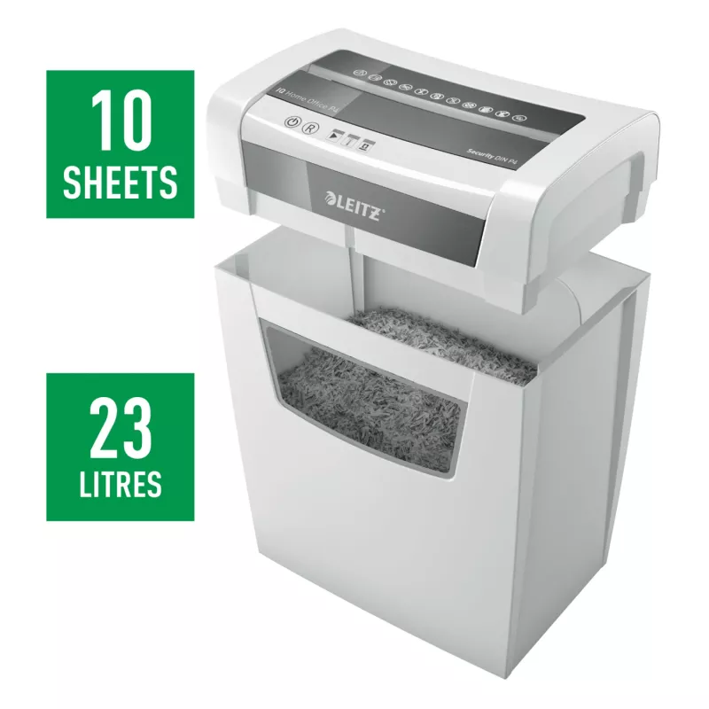Leitz IQ Home Office dokumentu smalcinātājs P4, daļiņveida smalcināšana, 22 cm, 4 x 28 mm, 23 L, 225 loksnes, 58 dB