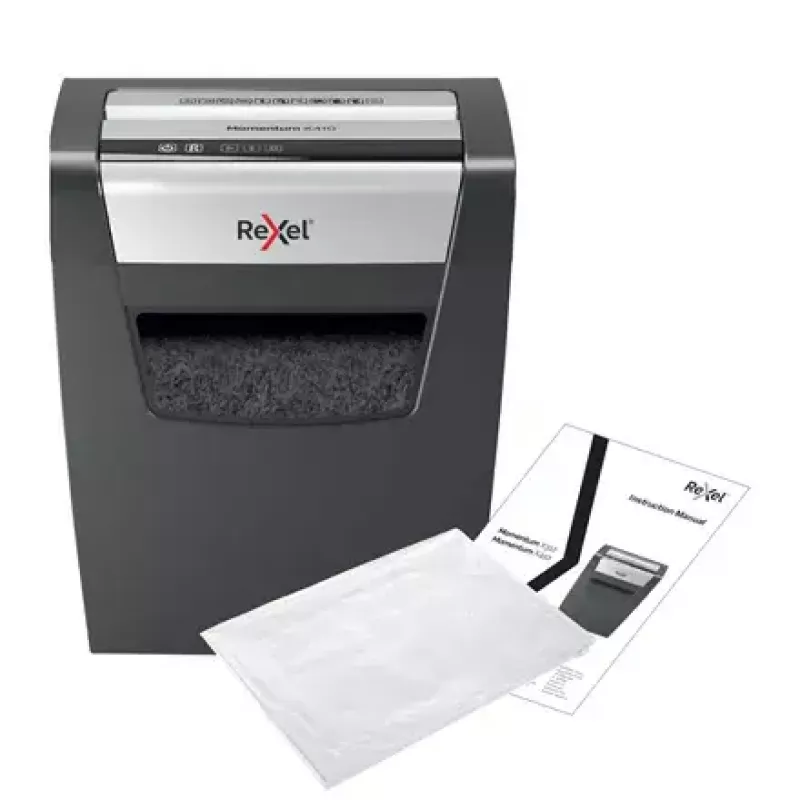 Papīra smalcinātājs REXEL Momentum X410 — daļiņu griezums P-4, 4 x 28 mm, 10 lapu ietilpība, 23 l grozs, pretiestrēgšanas mehānisms