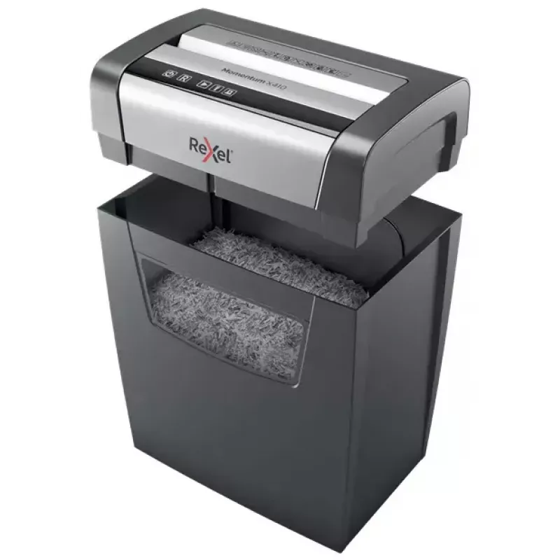 Papīra smalcinātājs REXEL Momentum X410 — daļiņu griezums P-4, 4 x 28 mm, 10 lapu ietilpība, 23 l grozs, pretiestrēgšanas mehānisms