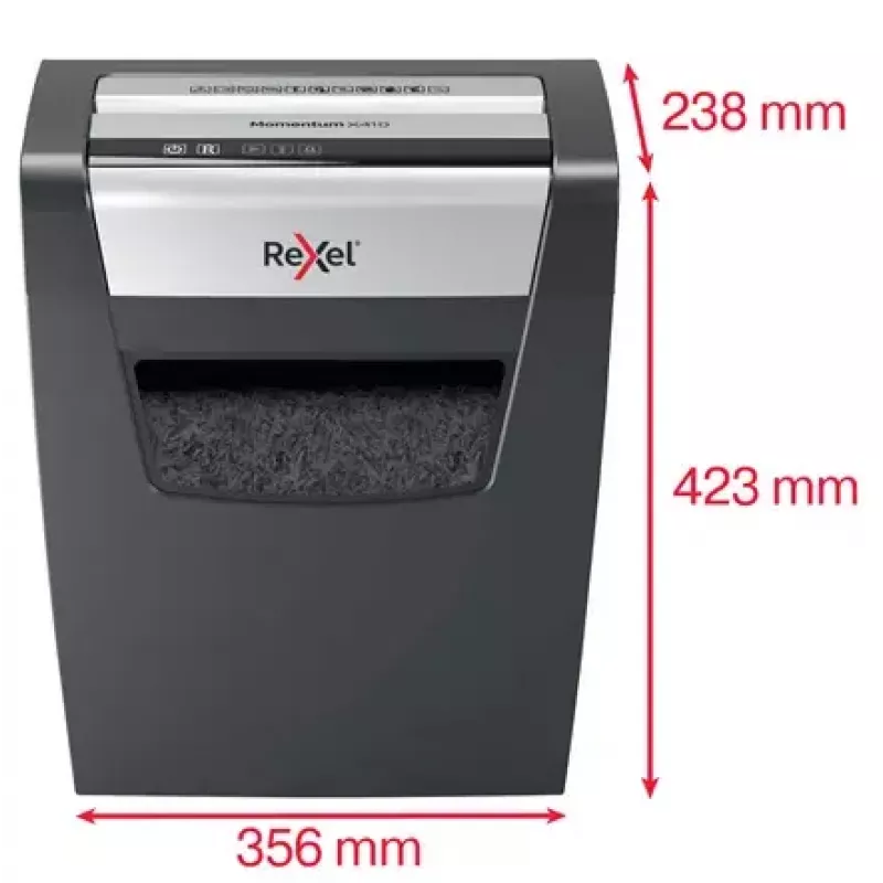 Papīra smalcinātājs REXEL Momentum X410 — daļiņu griezums P-4, 4 x 28 mm, 10 lapu ietilpība, 23 l grozs, pretiestrēgšanas mehānisms
