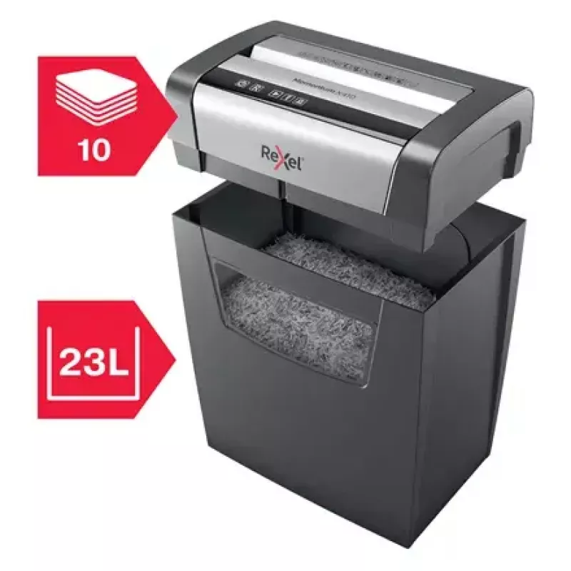 Papīra smalcinātājs REXEL Momentum X410 — daļiņu griezums P-4, 4 x 28 mm, 10 lapu ietilpība, 23 l grozs, pretiestrēgšanas mehānisms