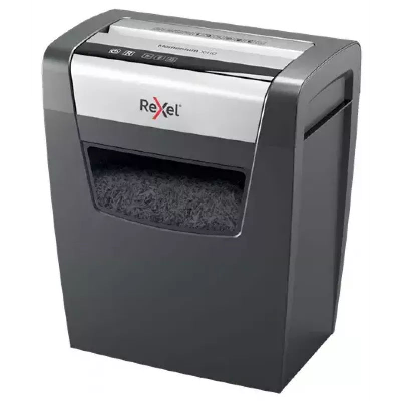 Papīra smalcinātājs REXEL Momentum X410 — daļiņu griezums P-4, 4 x 28 mm, 10 lapu ietilpība, 23 l grozs, pretiestrēgšanas mehānisms