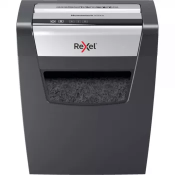 Papīra smalcinātājs REXEL Momentum X410 — daļiņu griezums P-4, 4 x 28 mm, 10 lapu ietilpība, 23 l grozs, pretiestrēgšanas mehānisms