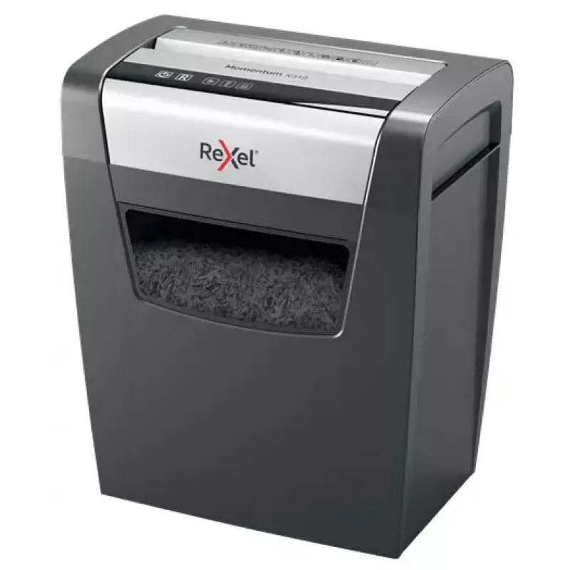 Papīra smalcinātājs REXEL Momentum X312 — daļiņu griešana P-3, 12 lapu ietilpība, 23 l tvertne, 5 x 42 mm