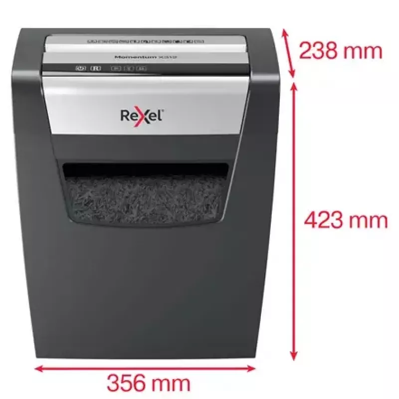 Papīra smalcinātājs REXEL Momentum X312 — daļiņu griešana P-3, 12 lapu ietilpība, 23 l tvertne, 5 x 42 mm