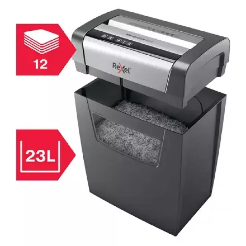Papīra smalcinātājs REXEL Momentum X312 — daļiņu griešana P-3, 12 lapu ietilpība, 23 l tvertne, 5 x 42 mm