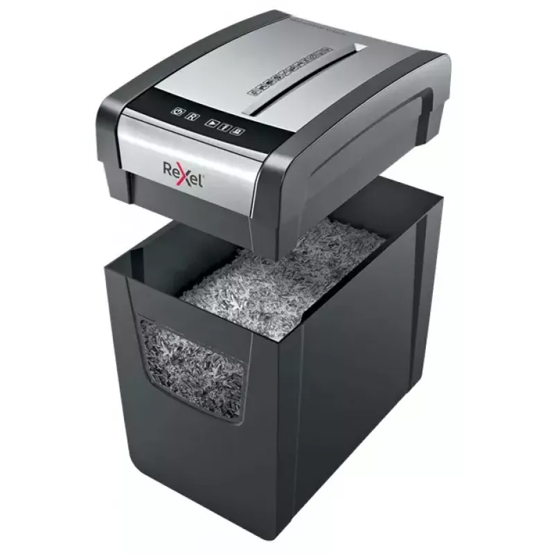 Smalkinātājs REXEL Momentum X312-SL — daļiņu griezums 5 x 42 mm, 12 lapu ietilpība, 23 L grozs, pogu vadība