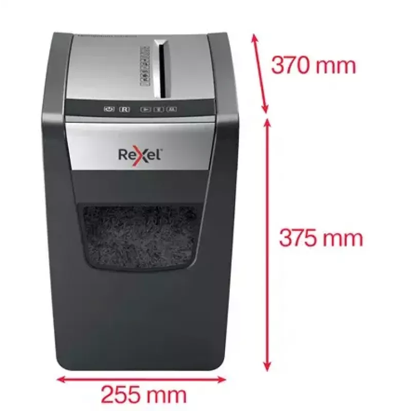 Smalkinātājs REXEL Momentum X312-SL — daļiņu griezums 5 x 42 mm, 12 lapu ietilpība, 23 L grozs, pogu vadība