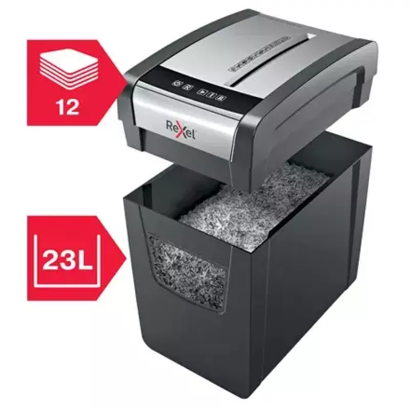 Smalkinātājs REXEL Momentum X312-SL — daļiņu griezums 5 x 42 mm, 12 lapu ietilpība, 23 L grozs, pogu vadība