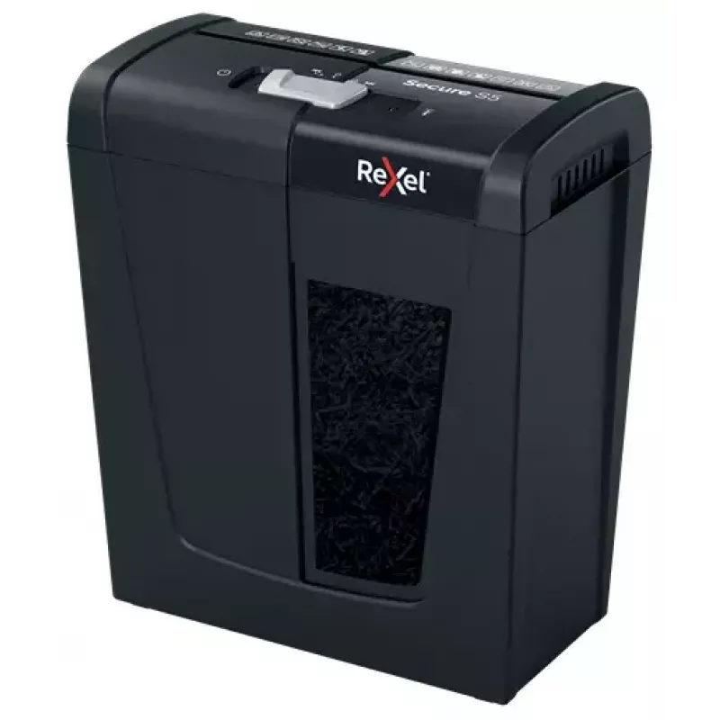 Papīra smalcinātājs REXEL Secure S5 — sloksņu smalcinātājs, 5 lapu ietilpība, 6 mm griezums, 10 l tvertne, P-2 drošība, melns