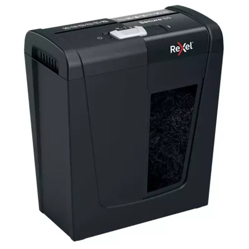 Papīra smalcinātājs REXEL Secure S5 — sloksņu smalcinātājs, 5 lapu ietilpība, 6 mm griezums, 10 l tvertne, P-2 drošība, melns