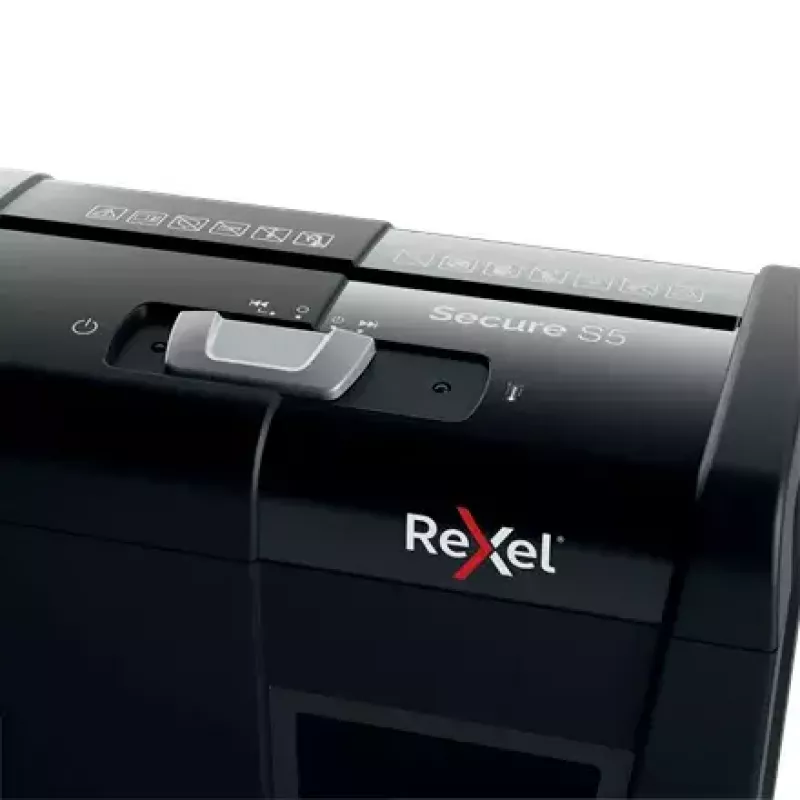 Papīra smalcinātājs REXEL Secure S5 — sloksņu smalcinātājs, 5 lapu ietilpība, 6 mm griezums, 10 l tvertne, P-2 drošība, melns