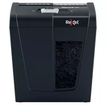 Papīra smalcinātājs REXEL Secure S5 — sloksņu smalcinātājs, 5 lapu ietilpība, 6 mm griezums, 10 l tvertne, P-2 drošība, melns