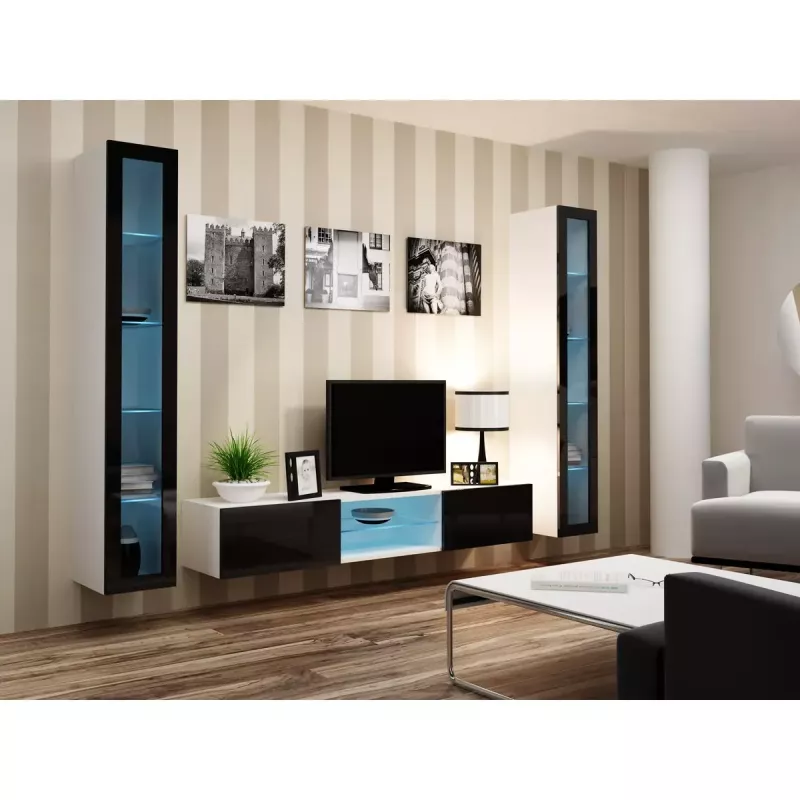 Stikla vitrīna cama meble VIGO 180 pie sienas stiprināma stikla vitrīna 1800×400×300 mm balta/melna glancēta