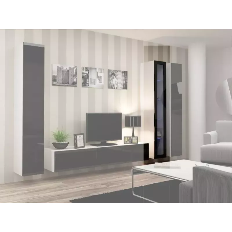 Stikla vitrīna cama meble VIGO 180 pie sienas stiprināma stikla vitrīna 1800×400×300 mm balta/melna glancēta