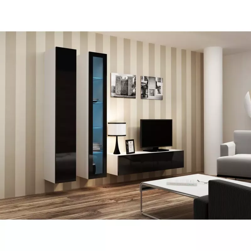 Stikla vitrīna cama meble VIGO 180 pie sienas stiprināma stikla vitrīna 1800×400×300 mm balta/melna glancēta