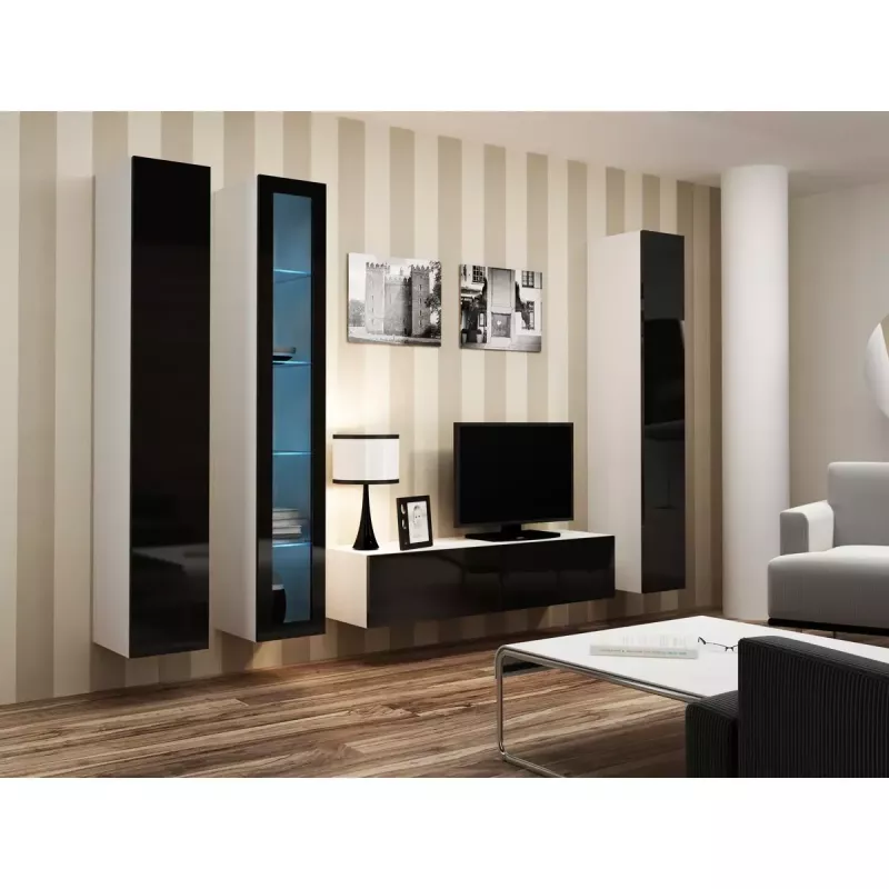 Stikla vitrīna cama meble VIGO 180 pie sienas stiprināma stikla vitrīna 1800×400×300 mm balta/melna glancēta