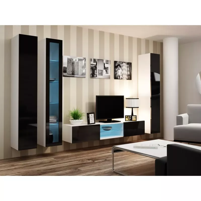 Stikla vitrīna cama meble VIGO 180 pie sienas stiprināma stikla vitrīna 1800×400×300 mm balta/melna glancēta