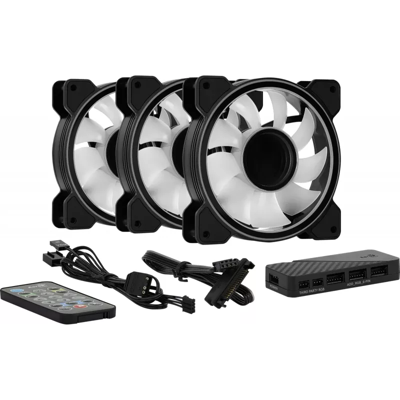 Aerocool MIRAGE12PRO Kit 3xFan PC 12cm ARGB 6 Pins Hub Silent Melns