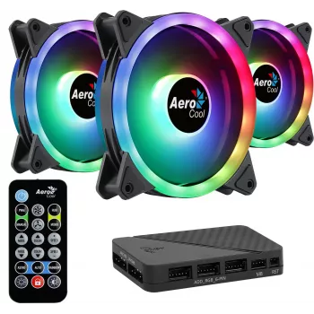 Aerocool DUO12PRO komplekts 3x ventilators 12 cm ARGB LED dubultā gredzena pretvibrācijas 6 kontaktu, melns