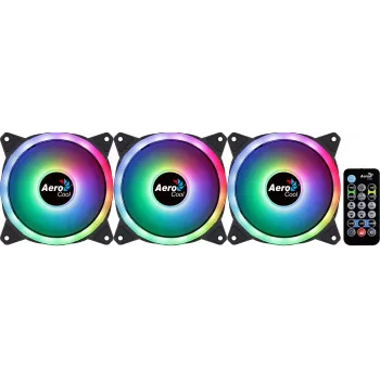 Aerocool DUO12PRO komplekts 3x ventilators 12 cm ARGB LED dubultā gredzena pretvibrācijas 6 kontaktu, melns