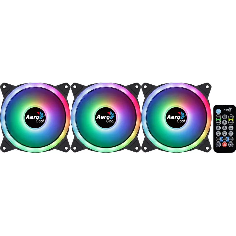 Aerocool DUO12PRO komplekts 3x ventilators 12 cm ARGB LED dubultā gredzena pretvibrācijas 6 kontaktu, melns