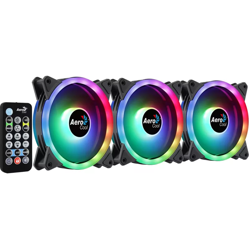 Aerocool DUO12PRO komplekts 3x ventilators 12 cm ARGB LED dubultā gredzena pretvibrācijas 6 kontaktu, melns