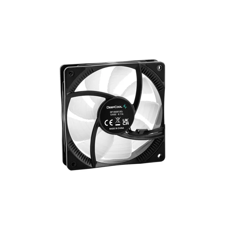 120 mm korpusa ventilators DeepCool RF120 — balts/melns, 120×25 mm, 4 kontaktu PWM, RGB LED, hidrodinamiskais gultnis