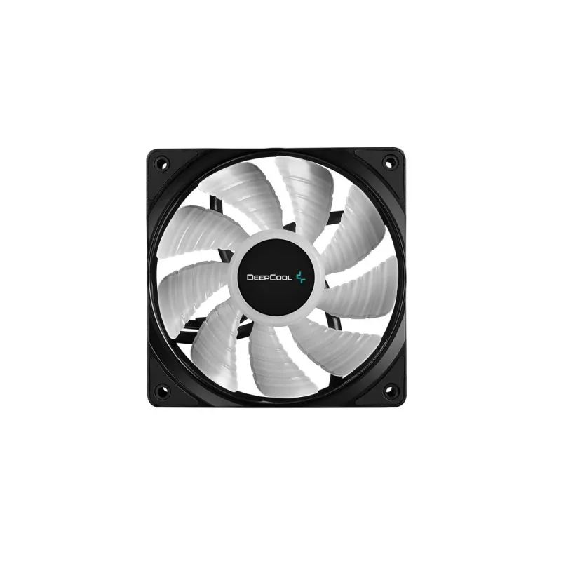 120 mm korpusa ventilators DeepCool RF120 — balts/melns, 120×25 mm, 4 kontaktu PWM, RGB LED, hidrodinamiskais gultnis