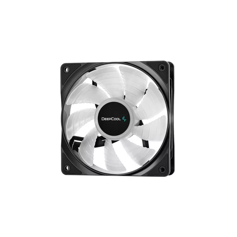 120 mm korpusa ventilators DeepCool RF120 — balts/melns, 120×25 mm, 4 kontaktu PWM, RGB LED, hidrodinamiskais gultnis