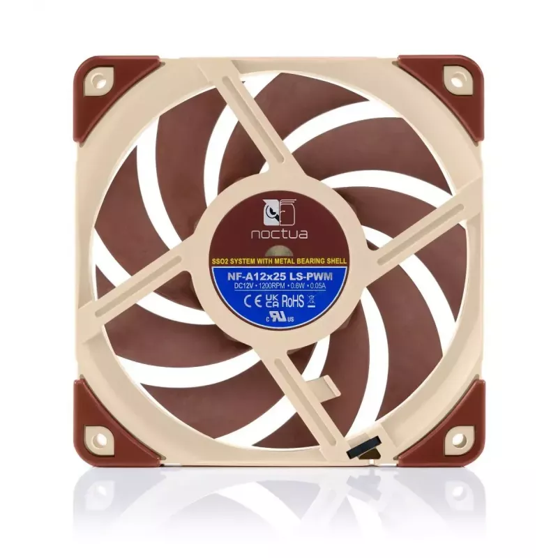 120 mm Noctua ventilators NF-A12x25, 120×25 mm, 12 V 0,6 W, 4 kontaktu PWM, 450–1200 RPM, 55,7 m³/h, SSO gultnis, 0,5 m kabelis