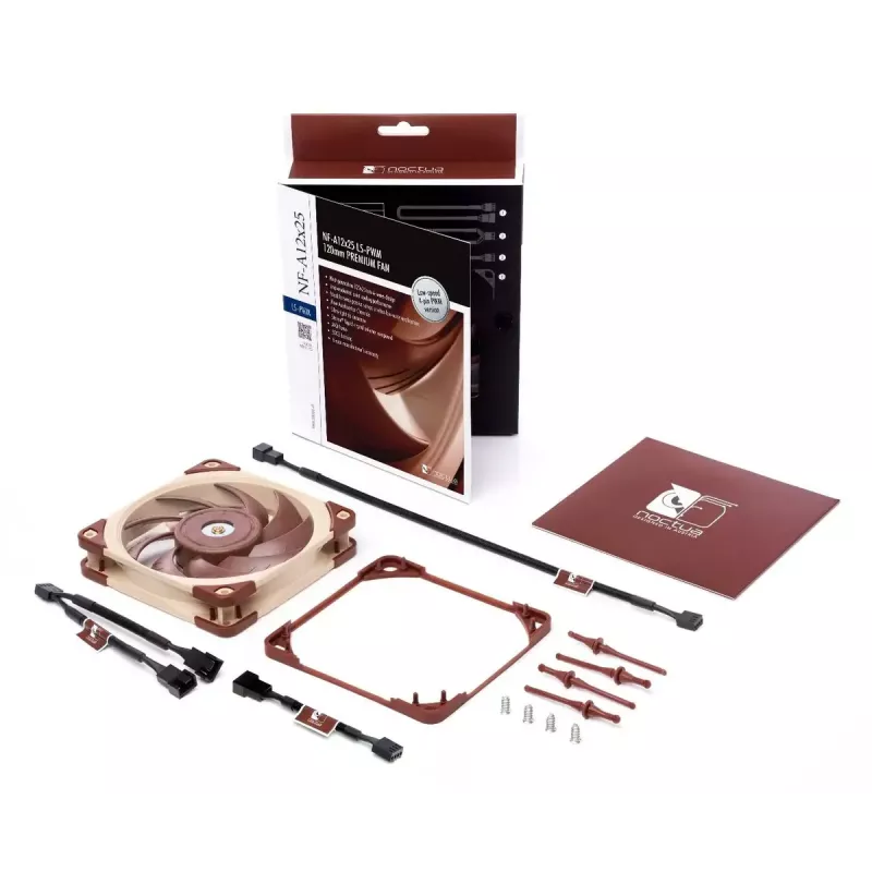 120 mm Noctua ventilators NF-A12x25, 120×25 mm, 12 V 0,6 W, 4 kontaktu PWM, 450–1200 RPM, 55,7 m³/h, SSO gultnis, 0,5 m kabelis