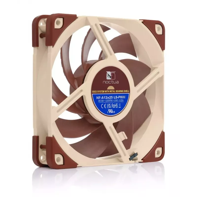 120 mm Noctua ventilators NF-A12x25, 120×25 mm, 12 V 0,6 W, 4 kontaktu PWM, 450–1200 RPM, 55,7 m³/h, SSO gultnis, 0,5 m kabelis