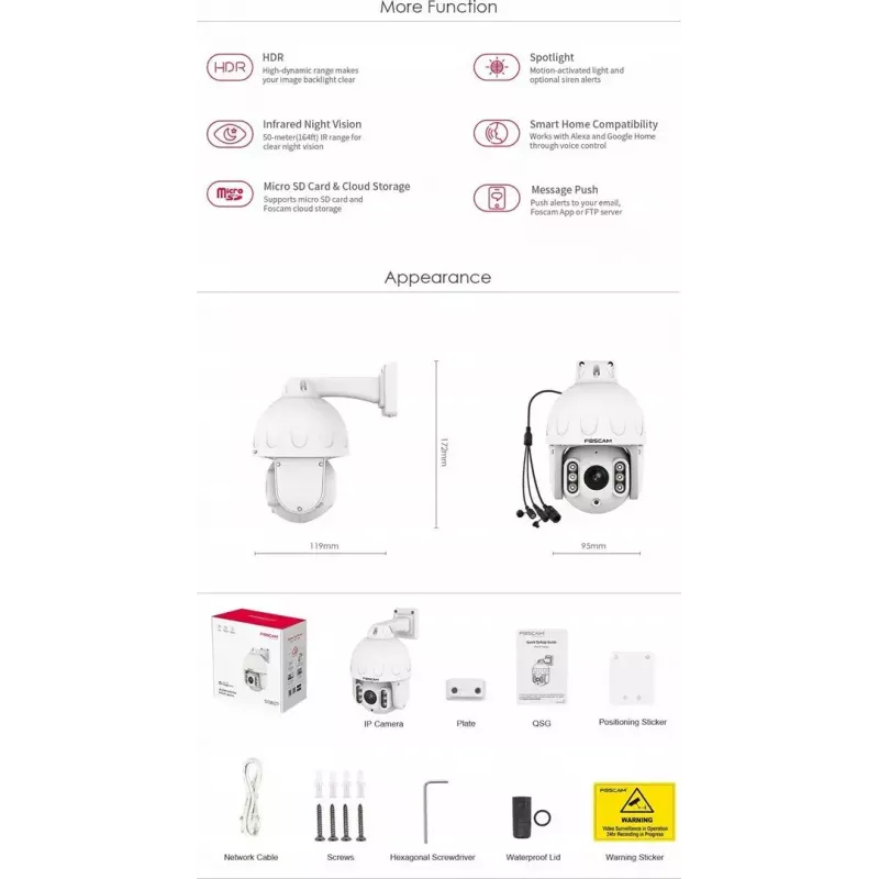 IP PTZ drošības kamera Foscam SD8EP — 8 MP, 4x optiskā tālummaiņa, 6x digitālā, 355° pagriešana, 90° slīpums, IP66, āra, balta