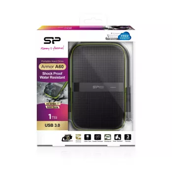 Ārējais HDD Silicon Power Armor A60 1 TB 2,5 collas USB 3.2 Gen 1, triecienizturīgs, AES-256, melns